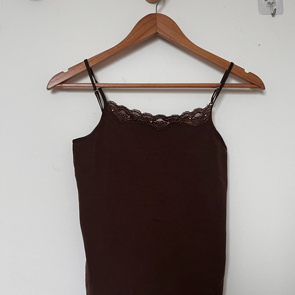 Elegant Brown Lace Trim Cami Top
